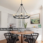 Black Wagon Wheel Chandelier, 36 Inch Black Chandeliers with Unique Glass Shade, 9-Light Crystal Farmhouse Wagon Wheel Chandeliers for Dining Room, Round Chandelier for Living Room, Foyer, Entryway