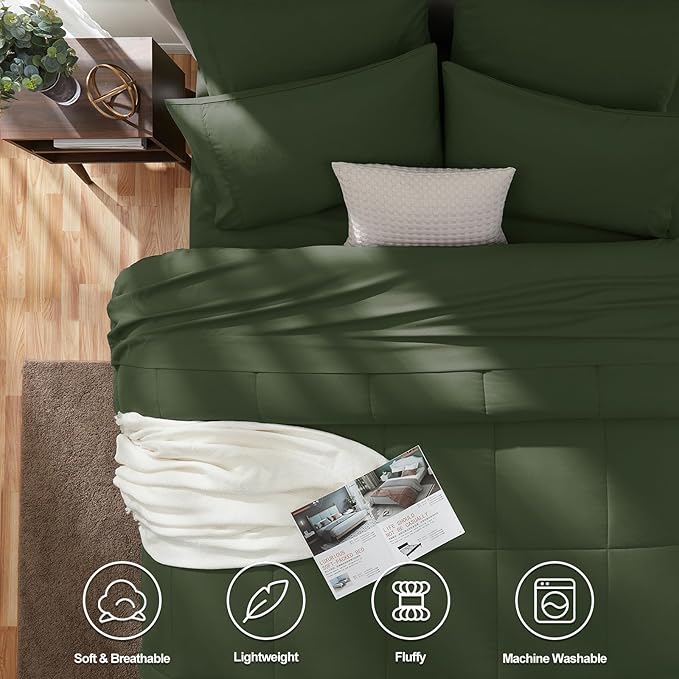 CozyLux King Size Comforter Set Olive Green, 7 Pieces Bed in a Bag, Green Comforter King Size, All Season Bedding Sets with Stitch Quilted Comforter, Flat Sheet, Fitted Sheet, Pillowcases