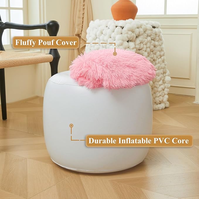 XeGe Fluffy Faux Fur Inflatable Pouf Ottoman, Cozy Shaggy Fuzzy Foot Stool, Plush Furry Foot Rest Floor Pouf Anti-Slip Kid Girl Adult, Foldable Round Ottoman Cushion for Living Room Bedroom, Pink