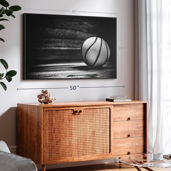 ElephantStock Basketball Wall Art - Horizontal Framed Canvas - 1-Piece Hallway Wall Decor - Photography sports Canvas Print - Black and Gray Decor for Wall - 43" X 29"