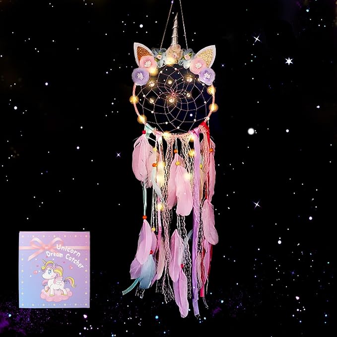 LED Lighted Up Unicorn Dream Catcher Wall Decor Colorful Feather Dreamcather Wall Hanging for Girls Kids Bedroom Decoration (Purple with Light)