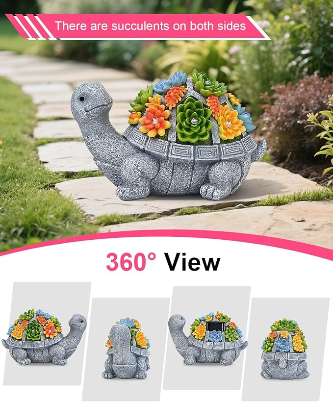 Solar Turtle Statue Garden Decor for Outside with Succulents and 7 LED Lights – 10.3 Inch Cute Lawn Ornaments for Patio, Porch, Balcony & Yard – Unique Birthday Gifts for Women Mom Grandma Wife