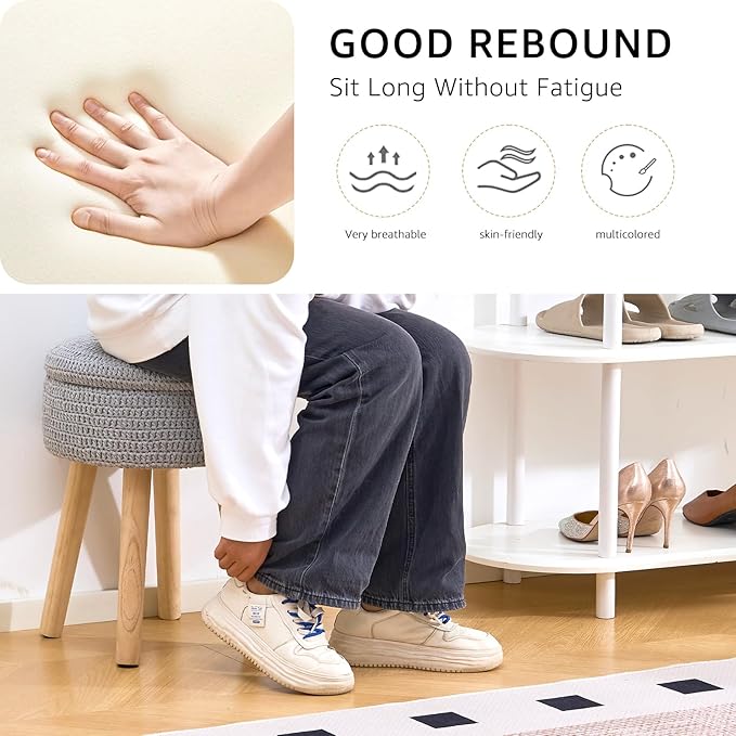 Wimarsbon Pouf Ottoman, 100% Cotton Knitted Boho Footstool, Round Footrest with Non-Skid Wood Legs, Home Décor Handmade Pouffe, Leisure Floor Step Stool for Living Room (High Storage Grey)