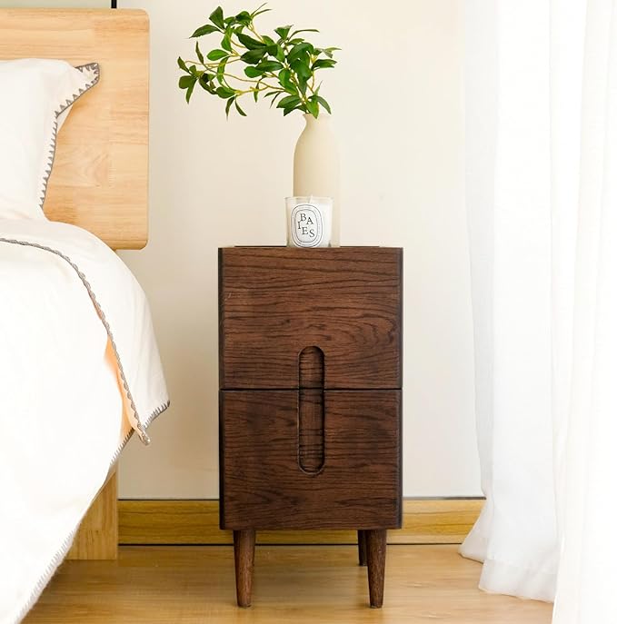 Mid Century Modern Nightstand, Narrow Nightstand, Minimalist Side Table for Bedroom, 2-Drawer Bedside Tables (Walnut, 9.84inches)