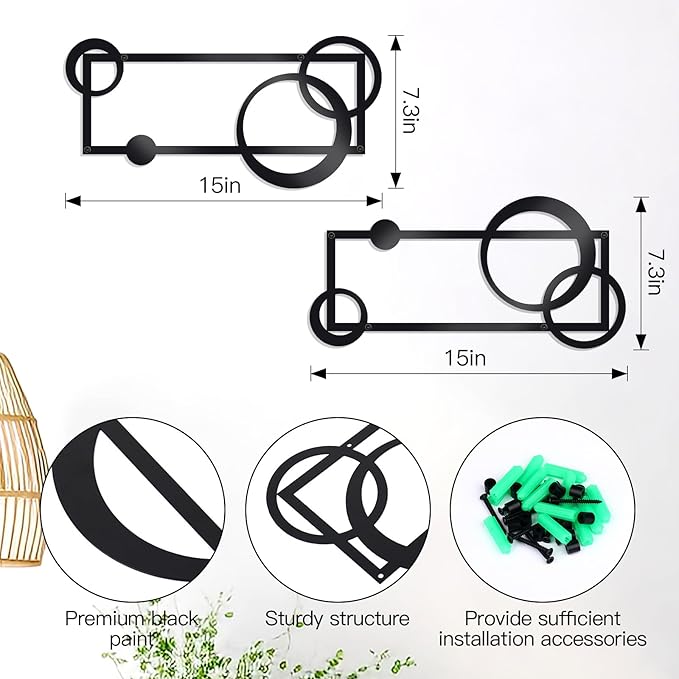 OYEFLY 2 Pcs Metal Abstract Wall Art,Modern Geometric Decor (Black, style 2)