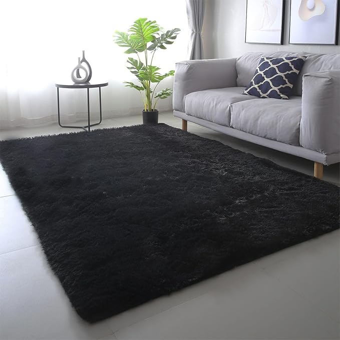 Black Shag Area Rug 9x12 - Large Soft Living Room Bedroom Shaggy Plush Rugs with Rubber Bcaking - Indoor Non-Slip Modern Fuzzy Shaggy Floor Carpet