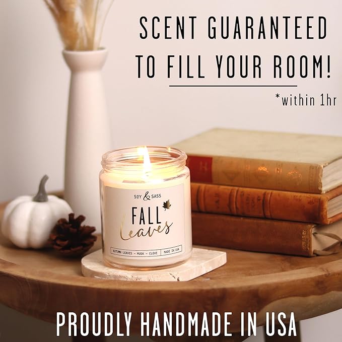 Fall Candles - 'Fall Leaves' Fall Candle w/Autumn Leaves, Clove & Musk I Infused with Essential Oils I Autumn Scented Candles I Cozy Cute Autmn Décor Gifts I 9oz Jar I 50Hr Burn I Made in USA