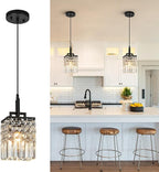 Modern Crystal Pendant Light Kitchen Island Farmhouse Lamp Adjustable Height Hanging Lighting Square Black Chandelier Suitable for Kitchen Island Dining Room and Bedroom(2Pack)