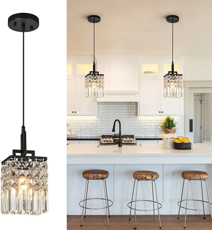 Modern Crystal Pendant Light Kitchen Island Farmhouse Lamp Adjustable Height Hanging Lighting Square Black Chandelier Suitable for Kitchen Island Dining Room and Bedroom(2Pack)