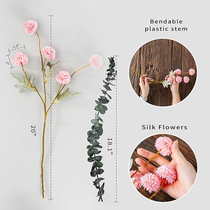 6 Artificial Silk Flowers + 3 Eucalyptus, Artificial Chrysanthemums with Stems for Home Decor, Pink