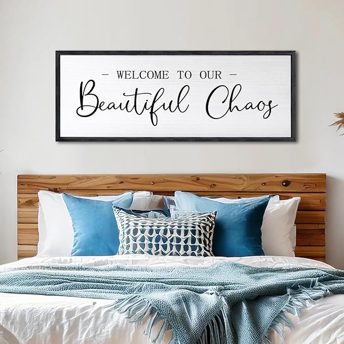 Welcome To Our Beautiful Chaos Sign Wall Decor Framed Wood 32X12 Inch For Rustic Home Living Room Entryway Bedroom Hanging Art (Black)