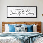 Welcome To Our Beautiful Chaos Sign Wall Decor Framed Wood 32X12 Inch For Rustic Home Living Room Entryway Bedroom Hanging Art (Black)