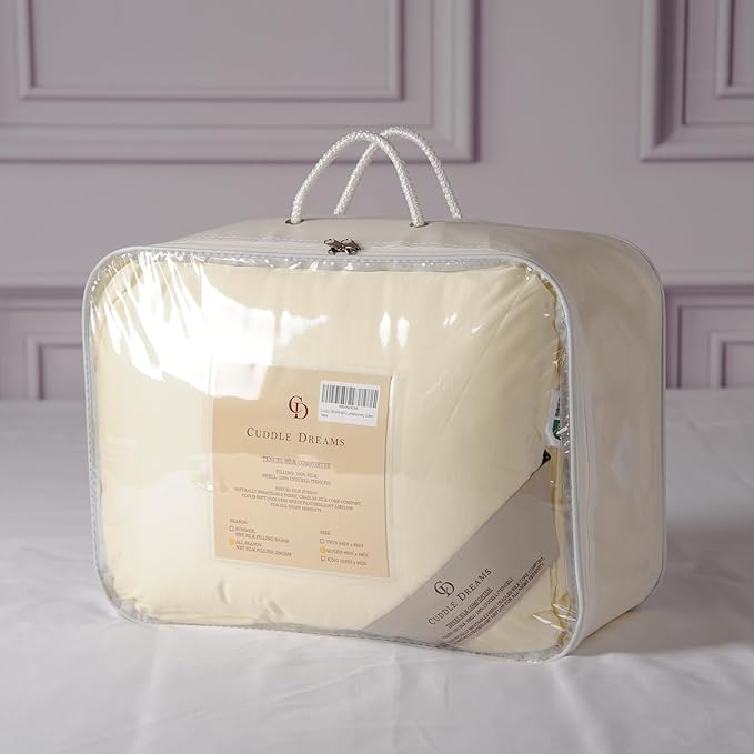 CUDDLE DREAMS Silk Filled Comforter for All Season, Detachable Tencel Duvet Cover for Easy Care, Naturally Breathable (Ivory, Twin)