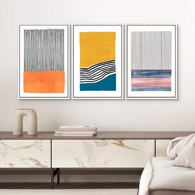 SIGNWIN Framed Wall Art Print Set Orange, Yellow, Blue & Pink Color Blocks and Lines Abstract Shapes Illustrations Modern Art Chic Multicolor for Living Room, Bedroom, Office - 24"x36"x3 White