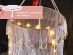 VETHIN Princess Bed Canopy for Girls Double Layer Sheer Mesh Dome Elegant Embroidery Lace Mosquito Net Bed Curtain for Full Queen King Bed with led Stars String Lights(Grey/White)