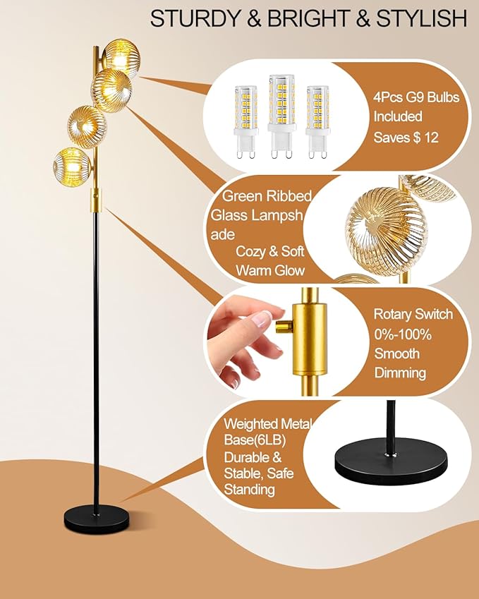 Lightdot 64IN Dimmable Floor Lamp with Glass Globe Shade, Modern Gold &Black Standing Lamps with 4PCS 3000K G9 Bulbs Soft Warm White Eye Care, Mid Century Floor Lamp for Living Room Bedroom