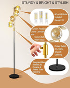 Lightdot 64IN Dimmable Floor Lamp with Glass Globe Shade, Modern Gold &Black Standing Lamps with 4PCS 3000K G9 Bulbs Soft Warm White Eye Care, Mid Century Floor Lamp for Living Room Bedroom