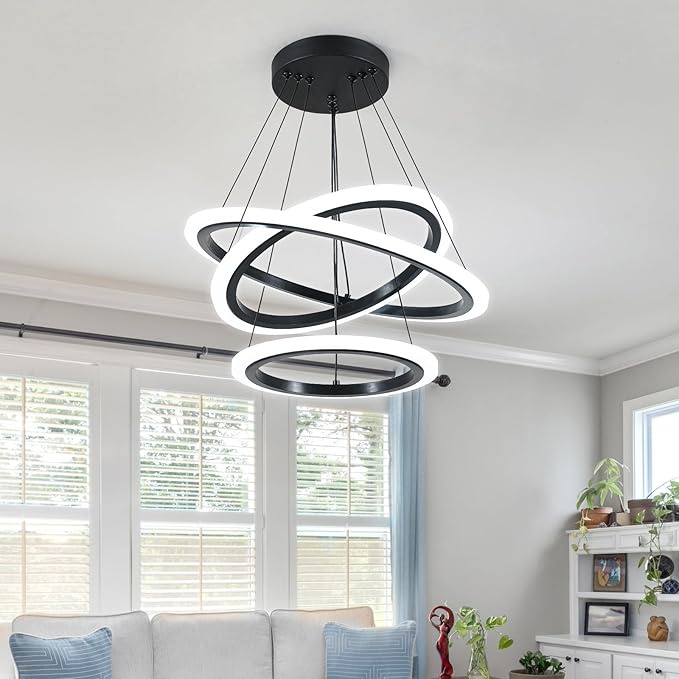 O'NEELDY Modern 3 Ring LED 52W Black Pendant Light with Irregular Ring Lights Adjustable Hanging Lamp for Dining Room Bedroom Kitchen Island Cafe
