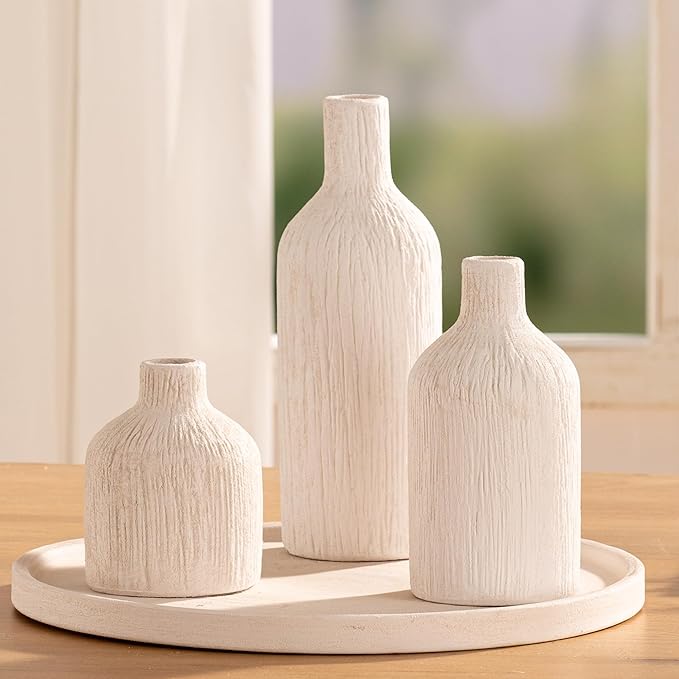 Ceramic Vase Home Table Decor - White Flower Vase Set of 3 Living Room Kitchen Decorations Farmhouse Modern Rustic Vases Decorative Centerpiece for Shelf Bedroom Office Bathroom Dining Coffee Desk