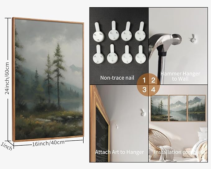 SIGNINART Large Misty Mountain Framed Canvas Wall Art, Green Forest River Scenery Wall Decor, Modern Foggy Wooden Landscape Artwork, Oil Style Nature Art Print for Living Room Bedroom Office 24"x36"x3