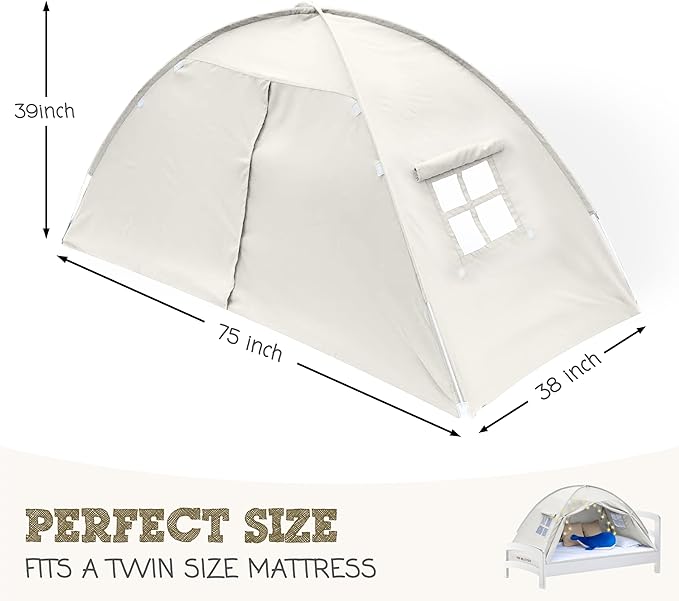 Beige Twin Bed Tent for Kids Indoor Fort - Magical Dream Tents for Boys Pop Up Toddler Bed Canopy for Girls Bunk Bed Tent for Top Bunk - Sensory Sleep Pod for Kids Educational
