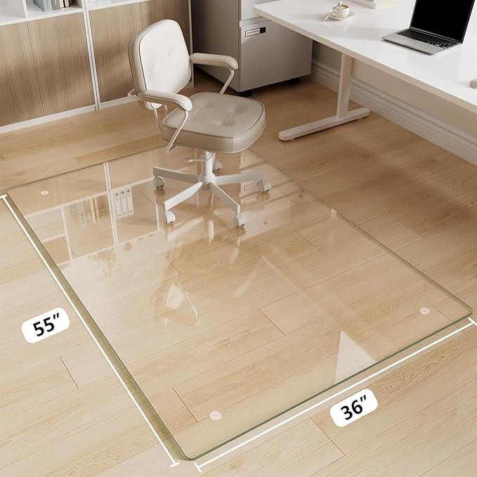 Glass Chair Mat 36" x 55" Heavy Duty Tempered Glass Mat, OfficeOffice Glass Floor Mat with Round Corner and Polished Edge for Smooth Glide, Carpet Hardwood Floor Protector