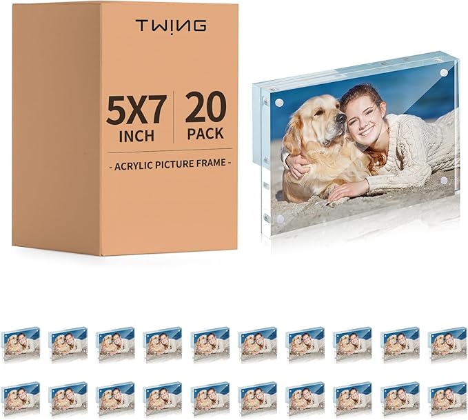 TWING 20 PACK 5 x 7 Inch Acrylic Picture Frame, 7 x 5 Acrylic Photo Frame Horizontal Magnet Double Sided Magnetic Frames Set,12+12 MM Thickness Clear Picture Frame Desktop Display