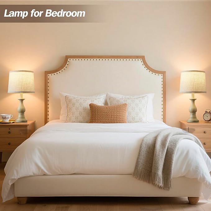 Vintage Table Lamp for Living Room Bedroom, 18.5" Farmhouse Bedside Lamps Nightstand Lamp Set of 2, Table Lamps with Oatmeal Linen Lamp Shades, 2 LED Bulbs Included, Beige