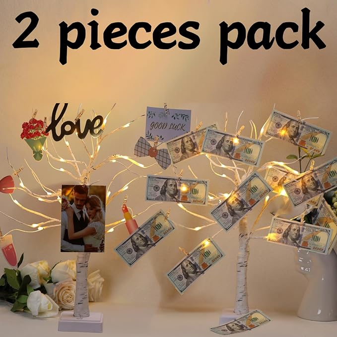Meonua2-pack Money Tree Gift Card Holder LED Twig Lights - Battery/USB Powered Light Up Display with 22 Clear Clips for Birthday Wedding Photo (Warm Color)
