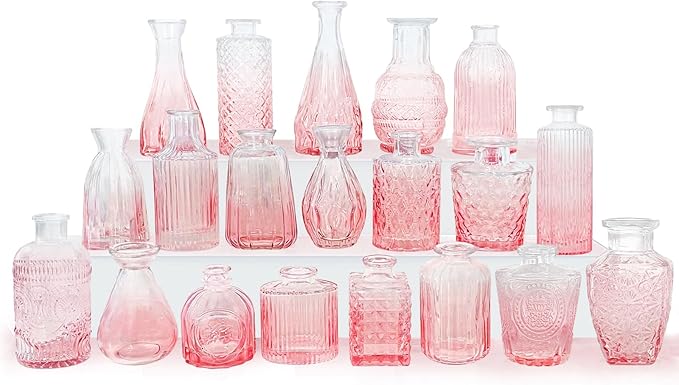 Pink Glass Bud Vases Set of 20 - Mini Vintage Vases for Wedding Decorations Home Table Flower Decor, Small Carved Design Glass for Centerpieces
