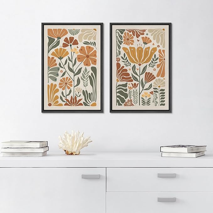SIGNFORD Framed Canvas Print Wall Art Set Vintage Flower in Pastel Illustration Modern Art Decorative Nordic Nature for Living Room, Bedroom, Office - 24"x36"x2 Black