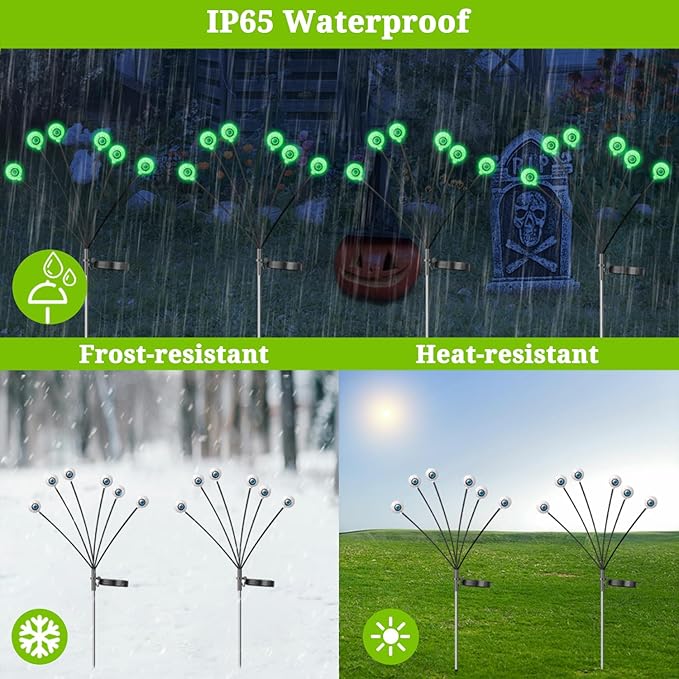 VOTTGO Halloween Solar Lights Outdoor, 8 Pack 48LED Scary Solar Eyeball Pathway Lights, 2 Modes Waterproof Swaying Solar Firefly Lights for Garden Yard Pathway Halloween Decorations, Green