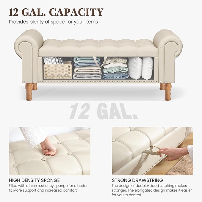 Storage Ottoman Bench for Bedroom, 51" Upholstered Bench with Rolled Arms and Vintage Rivets for Living Room, Full & Queen Leather Storage Bench with Button for Entryway, Beige+Nature Legs