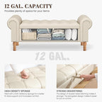Storage Ottoman Bench for Bedroom, 51" Upholstered Bench with Rolled Arms and Vintage Rivets for Living Room, Full & Queen Leather Storage Bench with Button for Entryway, Beige+Nature Legs