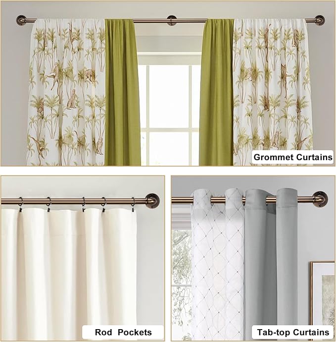 Industrial Curtain Rods 18 to 88 in,Blackout Curtain Rod,Adjustable Length,1 in Diameter Pipe,Wall or Ceiling Mounted,for Bedroom and Living Room (Antique Brass18” to 88”)