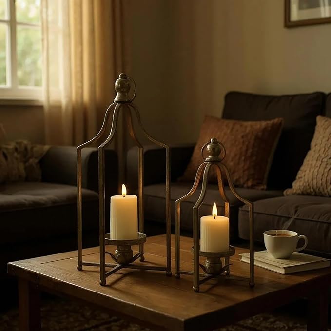 Large Tall Shabby Chic Lanterns Decorative Indoor Outdoor, Outside Gifts Front Porch Patio Vintage Metal Candle Holders, Fireplace Table Floor Farmhouse Rustic Decor Set of 2 (Antique Gold)
