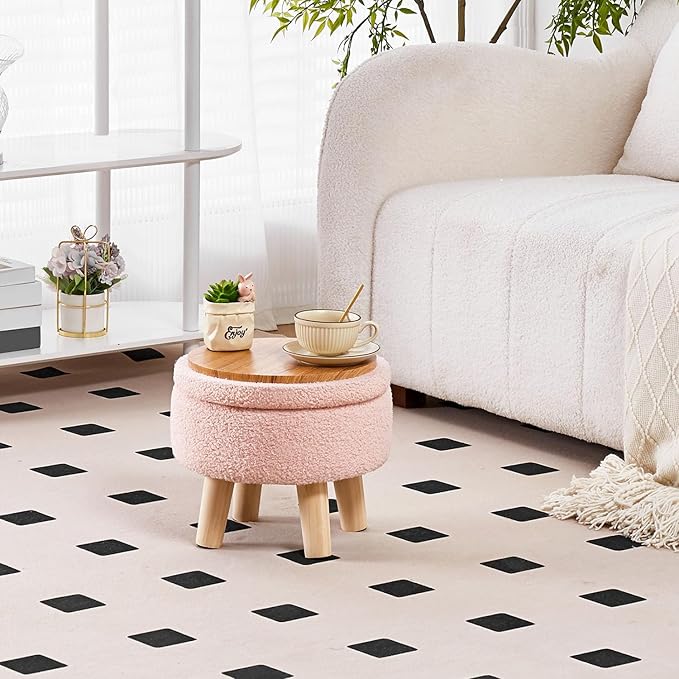 Wimarsbon Storage Ottoman, Modern Round Footrest with Soft Padded Seat, Teddy Velvet Footstool with Wood Legs, Accent Small Table or Plant Stand for Hallway, Living Room (Pink)