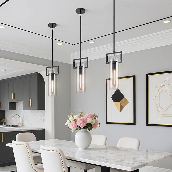 Modern Black Kitchen Island Pendant Lights,Knurled 12'' Glass Island Pendant Light,Farmhouses Pendant Light, for Kitchen,Dining Room,Bathroom,Bulb Included