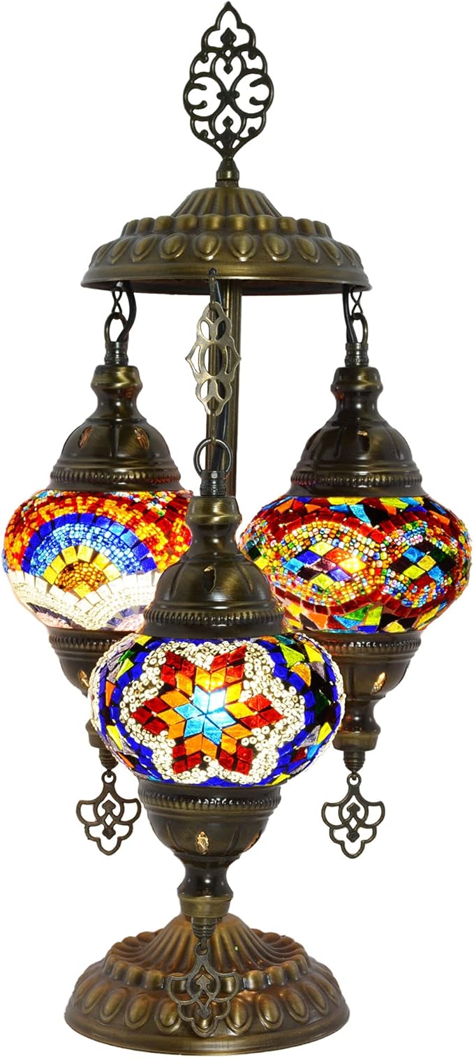 mozaist Turkish Table Lamp, Boho Lamp, 3 Globe Mosaic Desk Light, Decorative Tiffany Lampshade, Colorful Vintage Lamp for Bedroom, Living Room, Kids Room US Plug & E12 Socket, Mixed Mosaic