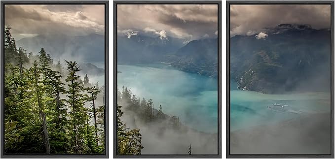 SIGNWIN 3 Piece Framed Canvas Wall Art Foggy Mountains Canvas Prints Home Artwork Decoration for Living Room,Bedroom - 16"x24"x3 Black