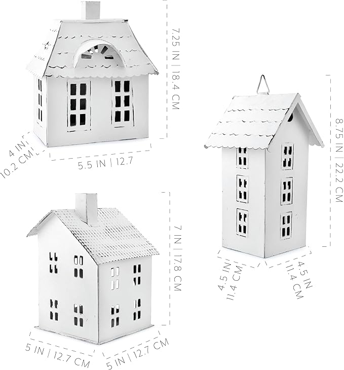 AuldHome Design Farmhouse Decor Tin Houses (Set of 3, White); Candle Lantern Decorative Holiday Christmas Village Display or Votive Holder