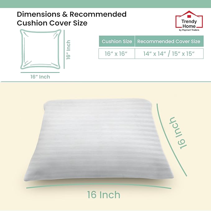 Trendy Home 16x16 Throw Pillow Insert (Set of 2, White) Bed and Couch Pillows Stuffer Hypoallergenic, Decorative Home Outdoor Sofa Pillow Filler (Machine Wash, 2 Pack)