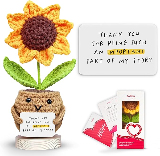 Gossby Handmade Positive Sunflower Doll Crochet Plant - Appreciation Thank You for Being an Important Part Gift for Coworker, Sister Friend, Teacher - Mothers Day, Christmas, Birthday Gift Women, Men