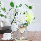 Fake Flower with Vase,White Silk Dahlia Artificial Flowers in Clear Glass Vase for Home Bathroom Office Desk Party Centerpiece Coffee Table Decor