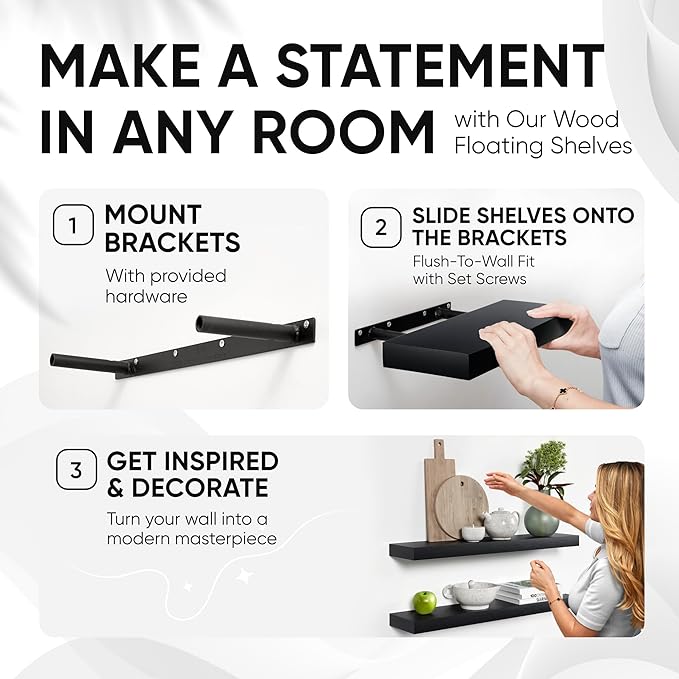 Homeforia Black Floating Shelves 30 inches Long, High End Solid Real Wood 30 inch Floating Shelf for Wall Mounted, Black Wooden 30in Floating Shelves, Heavy Duty Bracket, 30 X 6.5 X 1.75 in, Set of 3