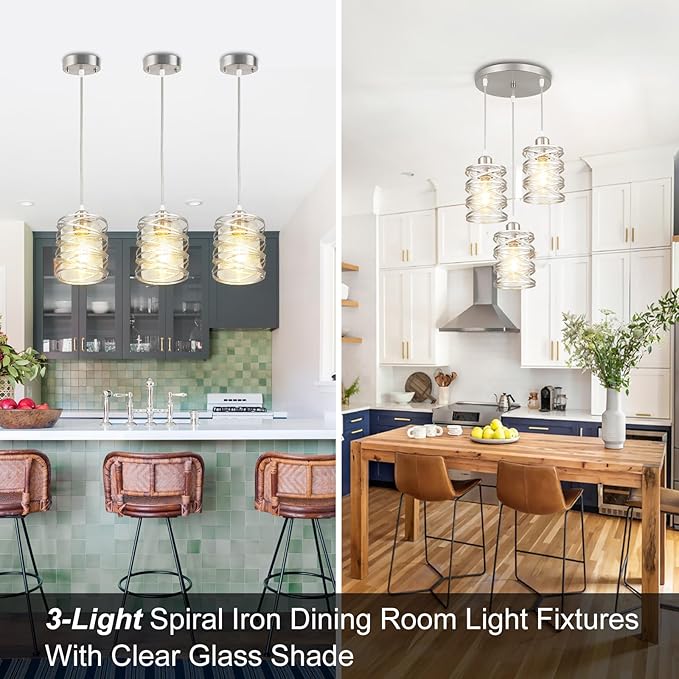 Pendant Lights Kitchen Island Brushed Nickel Pendant Light Kitchen Island Lighting, 3-Light Pendant Light Fixtures with Clear Glass Shades Spiral Iron Cluster Dining Room Light Fixture