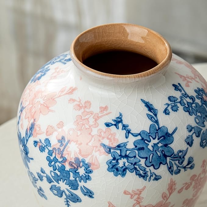 Pink Blue and White Vase, 8 Inch Vintage Chinoiserie Ceramic Vase, Rustic Flower Vases Decorative Antique Vases for Home Decor, Retro Ice Cracked Porcelain Farmhouse Table Centerpieces Decor