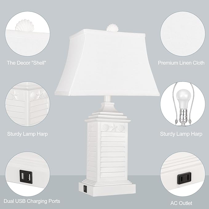Table Lamps for Living Room Set of 2, Coastal White Bedside Lamps for Bedroom with USB A+C Outlet Modern Resin 3-Color Temperature Nightstand Lamp for End Table (Bulbs Included)
