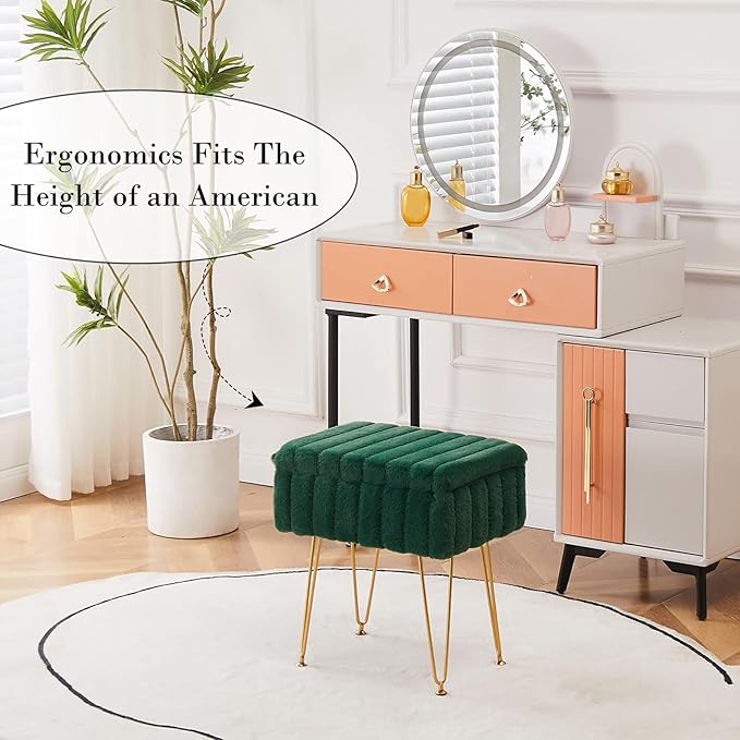 Wimarsbon Faux Mink Fur Storage Ottoman, Modern Soft Footstool, Storage Bench with Metal Legs, Vanity Seat, Fur Stool, Ottoman Coffee Table, Makeup Chair, Vanity Stools for Bedroom (Jade Green)