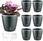Self Watering Pots for Indoor Plants, 6-Pack 5'' Self Watering Planter with Drainage Holes, Small African Violet Pots with Water Indicator, Clear Wick Orchid Pot, Grey